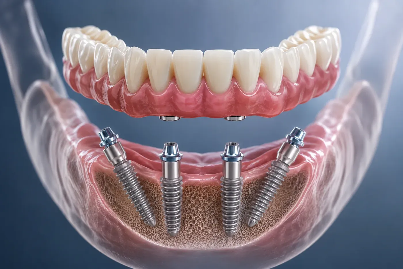 Diagram of All-on-4 dental implant bridge supported by four implants