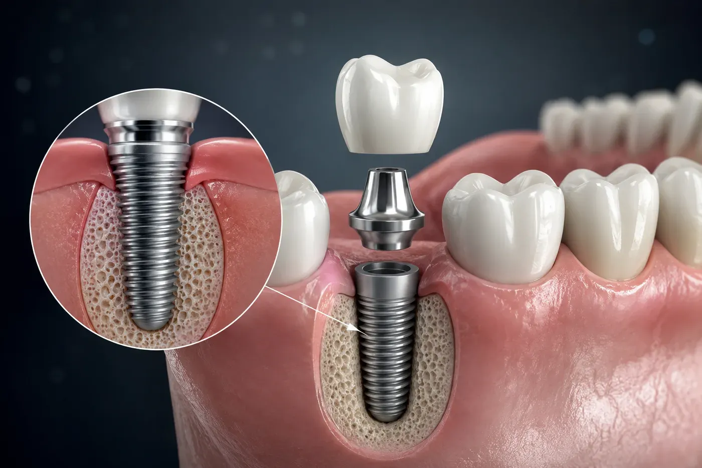 Dental implant model showing titanium post, abutment and crown